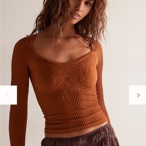 Free People Burnt Orange Ribbed Long Sleeve Top